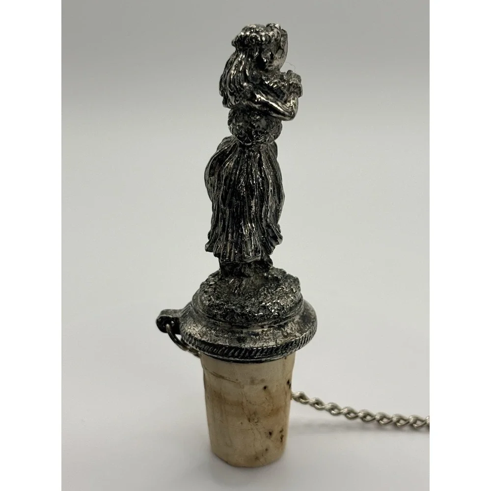 Vintage/Retro Metal & Cork Hula Girl Bottle Stopper w/ Chain Silver Beige